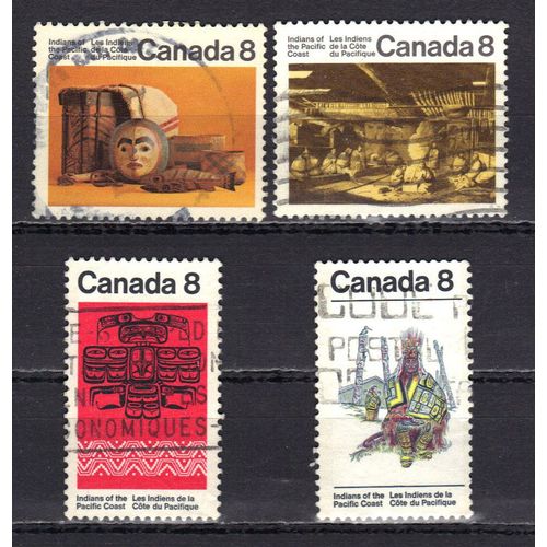 Canada 1974 Indiens De La Côte Du Pacifique : Objets Façonnés / Mode De Vie, Intérieur D'une Maison À Nootka Sound / Symbolisme Graphique / Costume De Cérémonie - Série Entière De 4 Timbres Oblitérés