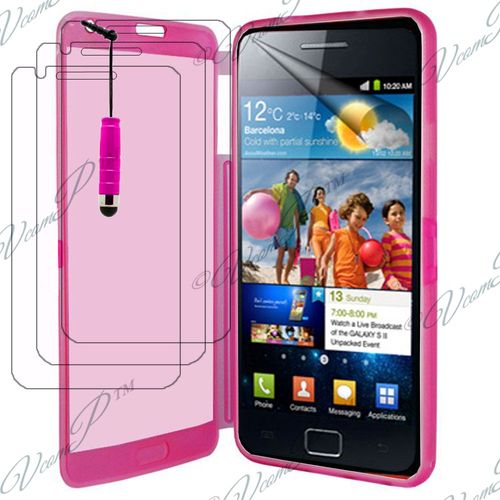 Lot Coque Etui Housse Pochette Silicone Gel Portfeuille Livre Rabat + 3 Films Transparent + 1 Mini Stylet Pour Samsung Galaxy S2 I9100/ I9105g/ Plus - Rose