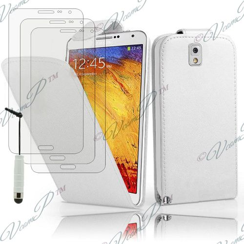 Lot Coque Etui Housse Pochette Accessoires Simili Cuir + 3 Films Transparent + 1 Mini Stylet Pour Samsung Galaxy Note 3 N9000/ N9002/ N9005/ N9006 - Blanc