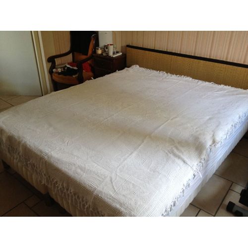 Jeté De Lit Ancien Piqué De Coton Blanc 160cmx203cm + Frange 7cm