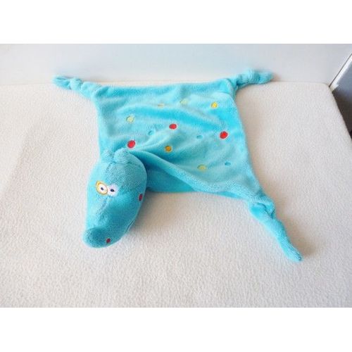 Doudou Plat Bleu À Pois Rhinoceros Carré Blanc Crocodile, Dragon, Dinosaure?? Carré Losange À 3 Noeuds