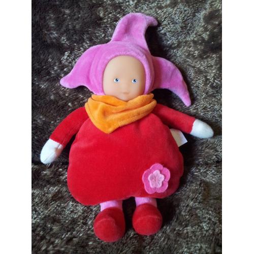 Poupée doudou corolle robe rouge fleur rose orange 24 cm