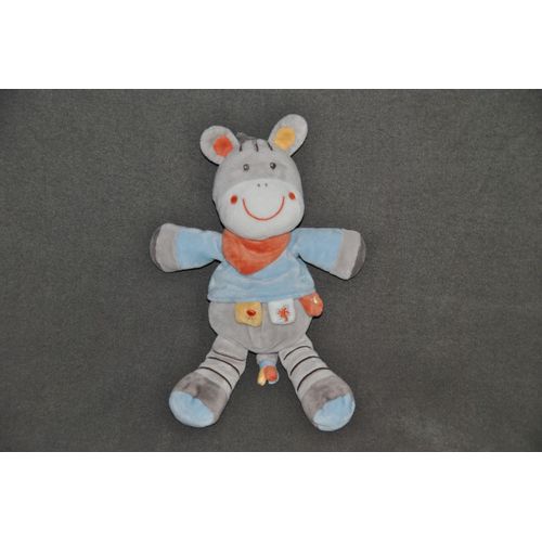 Doudou Peluche Zèbre Poney Âne Cheval Nicotoy Kiabi Rayé Gris Blanc Tee Shirt Bleu Orange