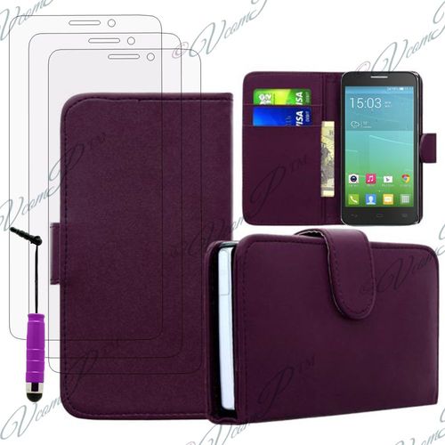 Lot Coque Etui Housse Pochette Accessoires Portefeuille + 3 Films Transparent + 1 Mini Stylet Pour Alcatel One Touch Idol 2s - Violet