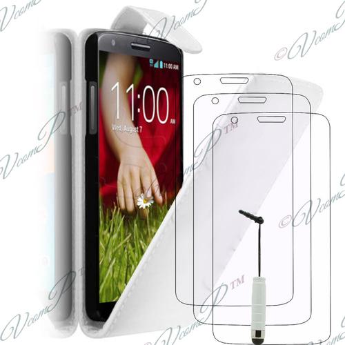 Lot Coque Etui Housse Pochette Accessoires Simili Cuir + 3 Films Transparent + 1 Mini Stylet Pour Lg G2 D802/ D803/ Vs980 - Blanc