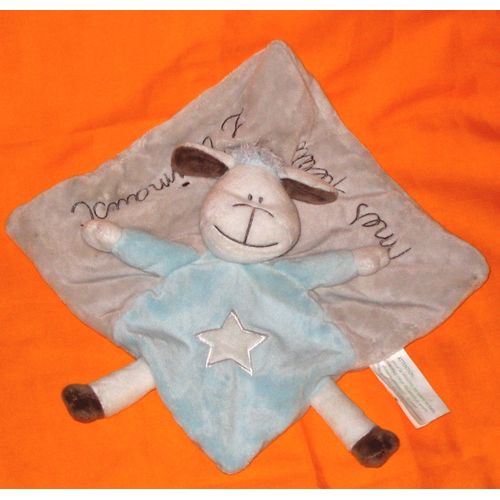 Mouton Doudou Plat Carré Sheep Bleu Gris Blanc Agneau Comforter Plush Peluche Mes Petits Z'animaux Kimbaloo