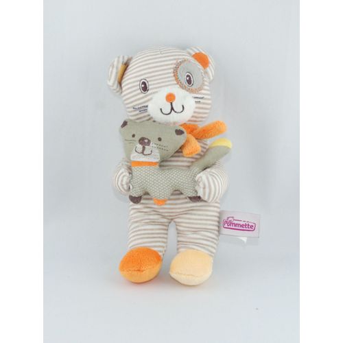 Pommette Doudou Ours Et Chat Rayé Orange Jaune Gris Blanc Beige Echarpe 
