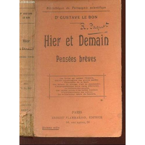 Hier Et Demain - Pensees Breves   / Bibliotheque De Philosophie Scientifique.