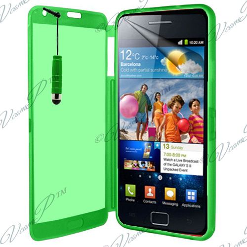 Samsung Galaxy S2 I9100/ I9105g/ Plus: Coque Etui Housse Pochette Silicone Gel Portfeuille Livre Rabat+ Stylet- Vert