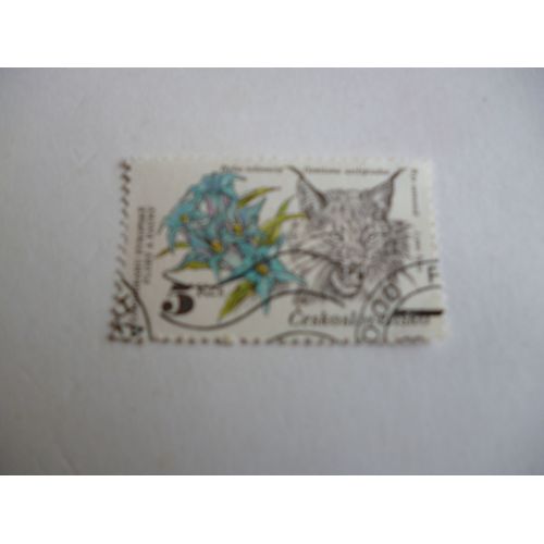 Timbre "Tchécoslovaquie :Flore Et Faune :Gentiane Et Lynx".