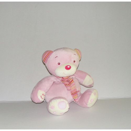 Doudou Ours  Rose Rieur Avec Echarpe Rayé Multicolore Rit Au Eclat Rigole Babysun 30cm                                                                                             