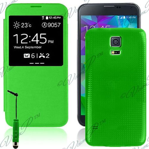 Samsung Galaxy S5 I9600/ G900fikmatls: Coque Etui Housse Pochette Plastique View Case+ Stylet- Vert