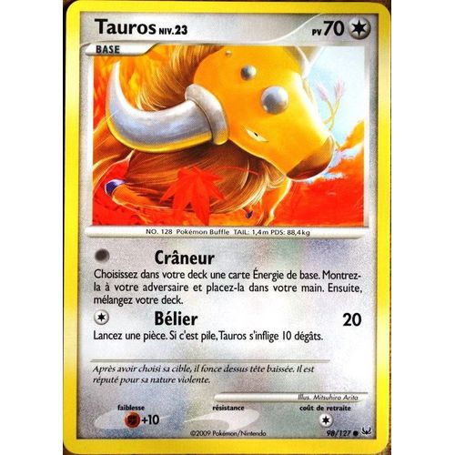 Carte Pokémon 98/127 Tauros Lv.23 70 Pv Platine Neuf Fr