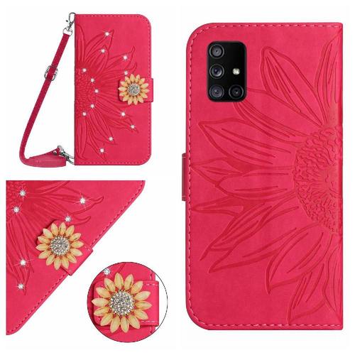 Étui Pour Coque De Téléphone Samsung Galaxy A51 5g Bicelle De Protection Portefeuille En Cuir Avec Support De Fente Pour Carte Tournesol Avec Une Longue Lanière - Rose Rouge