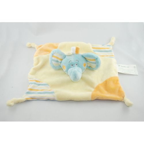 Kimbaloo Doudou Elephant Carré Plat Jaune Bleu Orange Blanc 