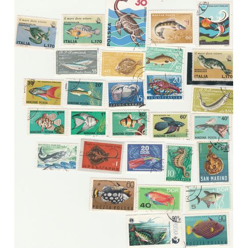 29 Timbres Oblitérés - Poissons Et Crustacés De Divers Pays D'europe