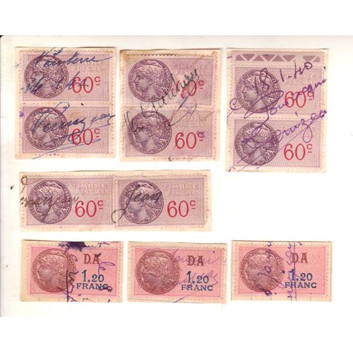 Lot De 12 Timbres Fiscaux Obliteres Sur Signature Tres Rare De 0,60 Centimes Et 1,20 Franc