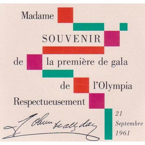 Madame Souvenir De La Premiere De Gala De L Olympia Respectueusement 21 Septembre 1961