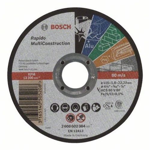 Disque UNIVERSEL à tronçonner BOSCH à moyeu plat Rapido Multi Construction 115X1.0 MM - 2608602384