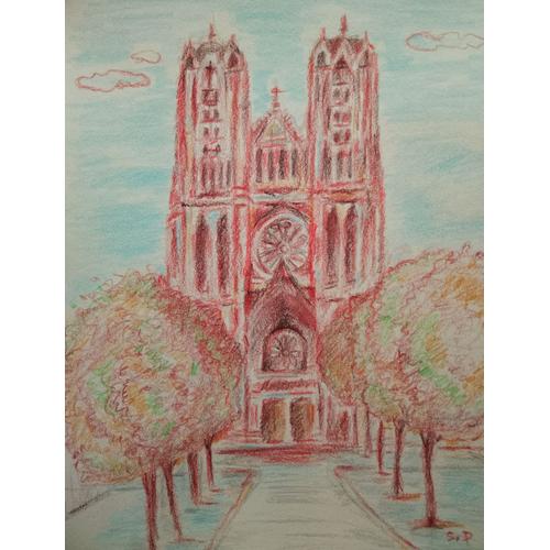 Dessin Cathédrale De Reims Monument Religion Crayons Sur Feuille 18x30cm