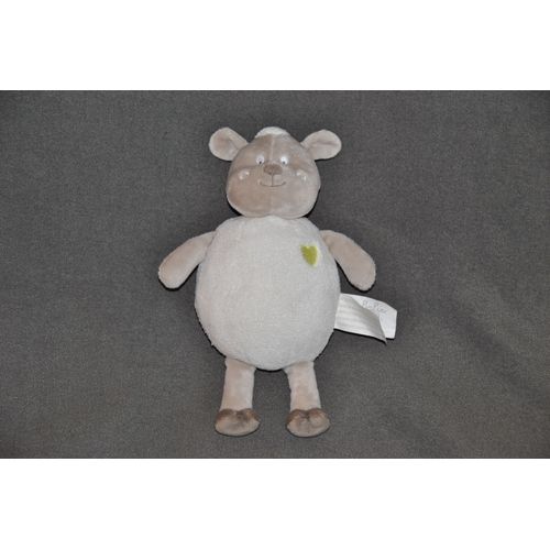 Doudou Peluche Mouton Blanc Kimbaloo Agneau Tete Jambes Grises Coeur Vert
