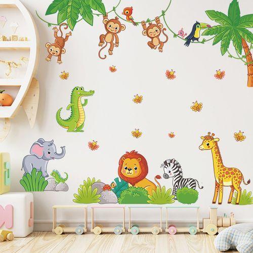 Stickers Muraux Animaux de la Jungle Singe Éléphant Stickers Muraux pour Chambre Bébé Enfant