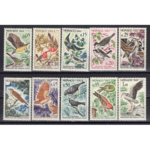 Monaco 1962 : 60è Anniversaire De La Convention Internationale Pour La Protection Des Oiseaux Utiles - Série Entière De 10 Timbres Neufs ** 