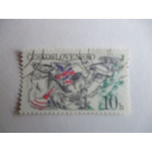 Timbre "Tchécoslovaquie : Hippisme:Chute De Chevaux Et Cavaliers".