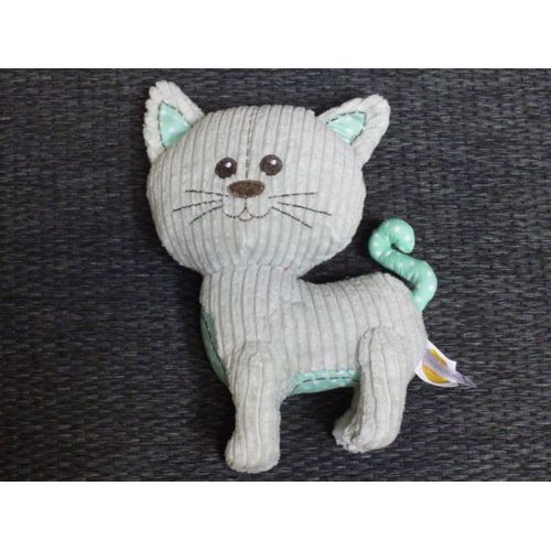 Doudou Peluche Lazare Le Chat,  Gris Et Vert, Velours Cotelé, Vulli