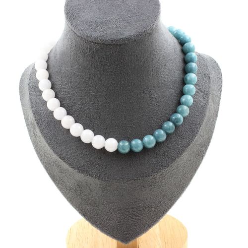 Collier Perles Aigue-Marine 8 Mm. Chaine En Acier Inoxydable. Collier Femmes, Hommes. Taille Personnalisable.
