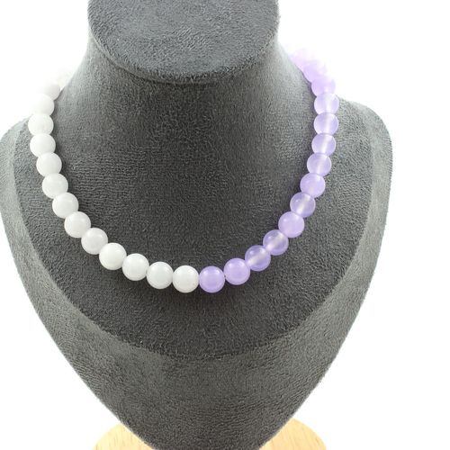 Collier Perles Aigue-Marine + Calcédoine Lavande 8 Mm. Chaine En Acier Collier Femmes, Hommes. Taille Personnalisable.