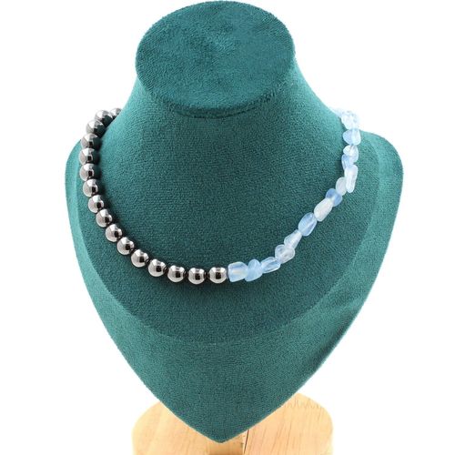 Collier Perles Aigue-Marine Du Brésil + Hématite 8 Mm. Chaine En Acier Collier Femmes, Hommes. Taille Personnalisable.