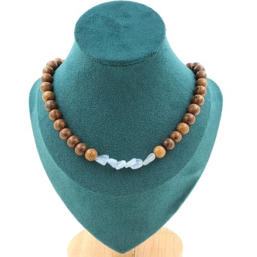 Collier Perles Aigue-Marine Du Brésil + Bois 8 Mm. Chaine En Acier Collier Femmes, Hommes. Taille Personnalisable.