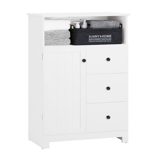 Sobuy Meuble De Rangement Salle De Bain, Meuble Demi-Colonne, Meuble Bas, Armoire Toilettes Wc, Placard Pour Salon, Cuisine Ou Entrée Avec 1 Niche, 1 Porte Et 3 Tiroirs, Blanc, 58x33x86 Cm, Bzr107-W