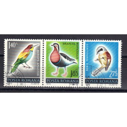 Roumanie 1973 : Oiseaux : Merops Apiaster / Bernache À Cou Roux / Remiz Pendulinus - Série Entière De 3 Timbres Oblitérés