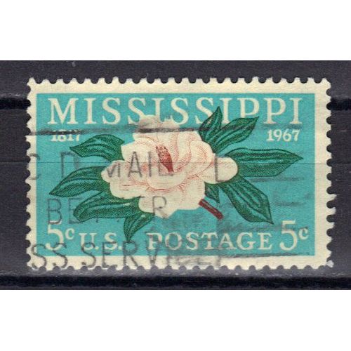Etats-Unis D'amerique 1967 : Sesquicentenaire De L'etat Du Mississippi Dans L'union : Flore : Fleur : Magnolia (Fleur De L'etat) - Timbre 5 C. Turquoise, Vert, Rose Et Brun Oblitéré