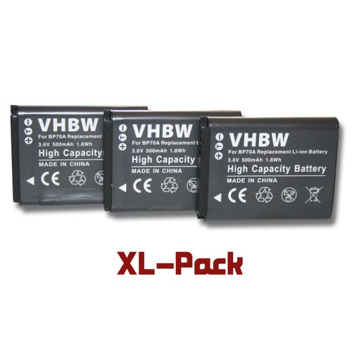 vhbw set de 3 batteries 500mAh pour appareil photo Samsung WB35F, WB50, WB50F comme BP70a / BP-70a / SLB-70A / EA-BP70A
