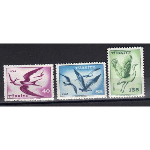 Turquie 1959 Poste Aerienne : Oiseaux : Hirondelles / Mouettes / Grue - Série De 3 Timbres Neufs *