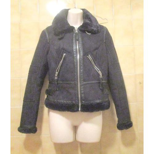 Blouson Noir Veste Style Perfecto Bershka Neuve, Toucher Peau Fausse Fourrure, T. 36