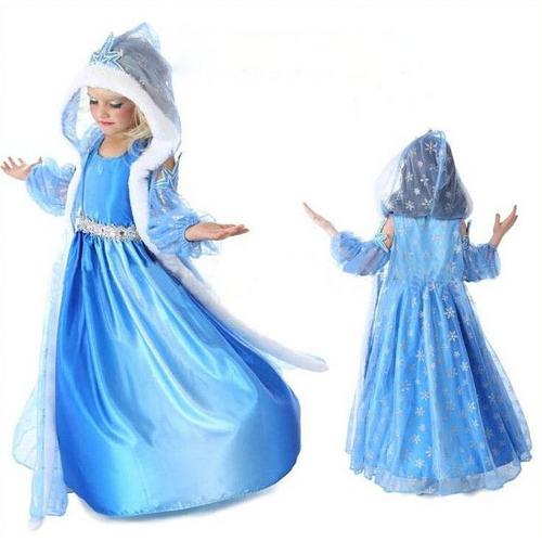 Déguisement Enfant Costume Robe Elsa La Reine Des Neiges + Gilet Long À Grande Capuche Motif Flocon Pour Fête  Anniversaire Soirée Cadeaux