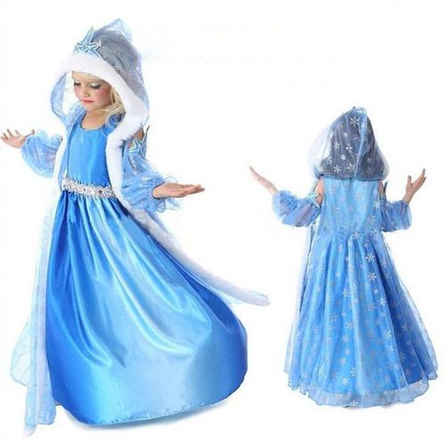 Déguisement Enfant Costume Robe Elsa La Reine Des Neiges + Gilet Long À Grande Capuche Motif Flocon Pour Fête  Anniversaire Soirée Cadeaux