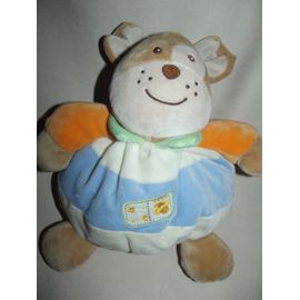 Doudou Chien Lapin Ajena Bleu Orange Vert Beige /Crème /Écru Fleur Brodée 32 Cm Environ Peluche Jouet Eveil Bebe Naissance