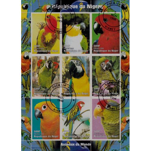 Bloc De 9 Timbres Obliteres Oiseaux Perroquets Les Animaux Du Monde Niger  Superbe