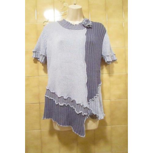 Pull Bleu Manches 1/4, Fleur, Bleu Bonheur, Confortable, T. 36 Petit T. 38