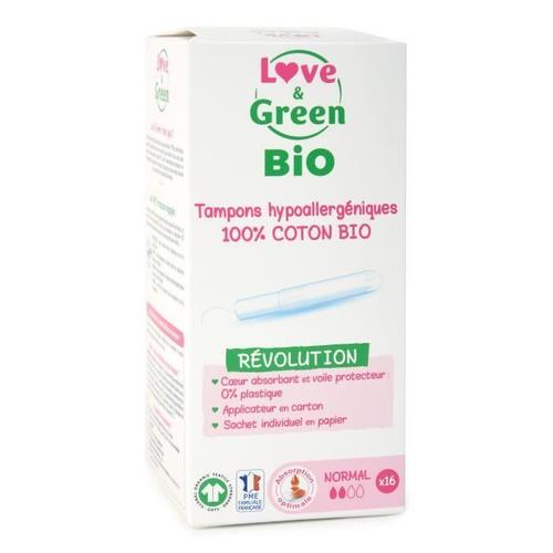 Love & Green Tampons Hypoallergéniques - 100% Coton Bio Certifiés Gots - "Normal" Avec Applicateur - 16 Tampons 