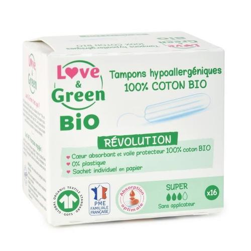 Love & Green Tampons Hypoallergéniques - 100% Coton Bio Certifiés Gots - "Super" Digital - 16 Tampons 