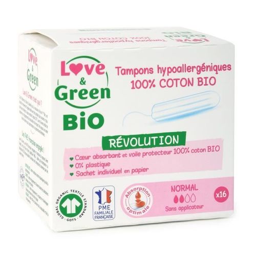 Love & Green Tampons Hypoallergéniques - 100% Coton Bio Certifiés Gots - "Normal" Digital - 16 Tampons 