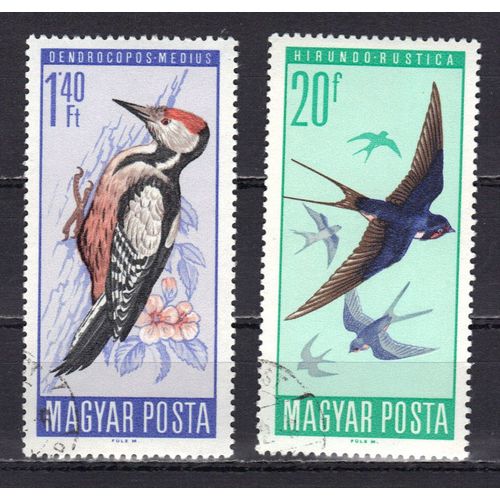 Hongrie 1966 : Oiseaux : Pic Mar / Hirondelle - Série De 2 Grands Timbres Oblitérés