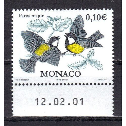 Monaco 2002 : Oiseaux : Parus Major - Timbe Neuf ** Avec Bordure Datée