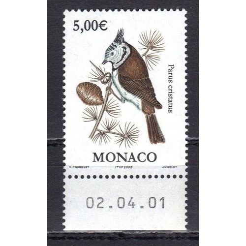 Monaco 2002 : Oiseau : Parus Cristatus - Timbe 5 ¿  Neuf ** Avec Bordure Datée
